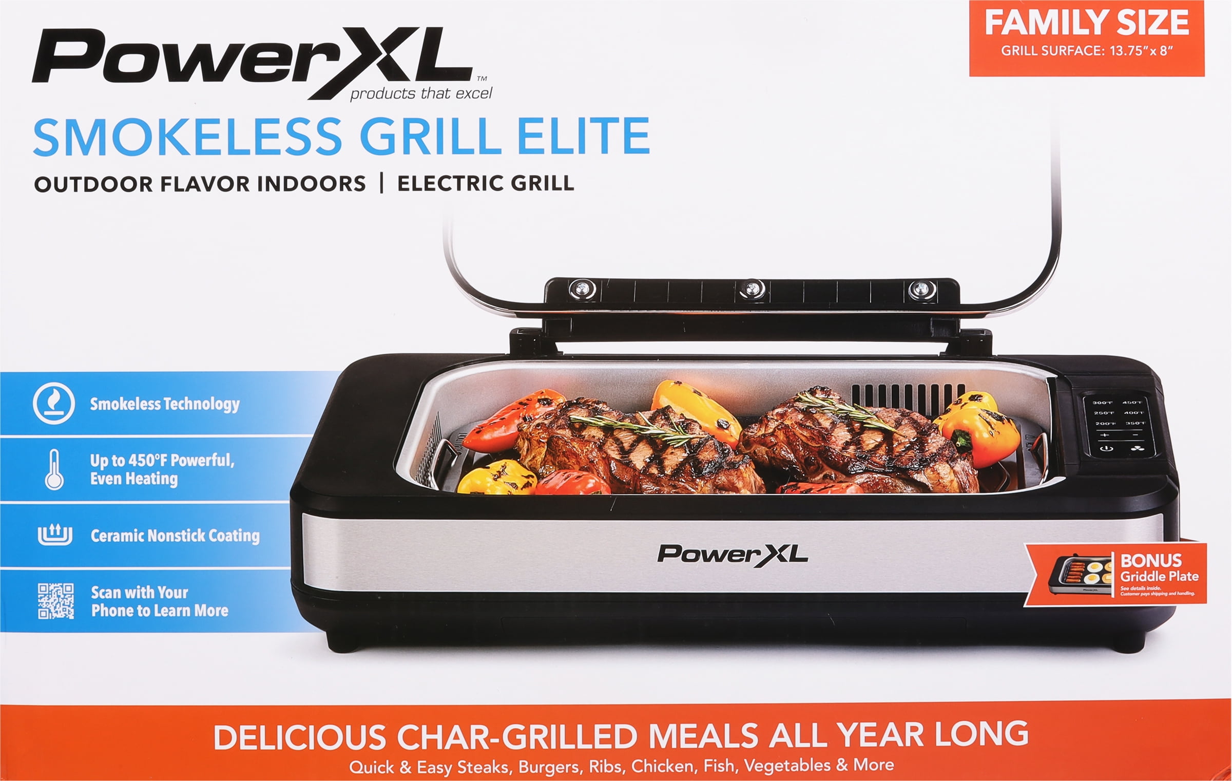 Power XL Smokeless Grill Elite Plus Indoor Electric Grill with Tempered Glass Lid, Non-Stick, Black