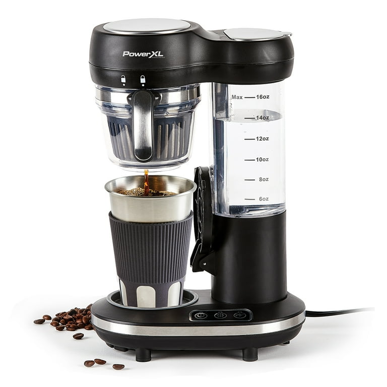 PowerXL Grind & Go, Automatic Single Serve Coffee Maker w Grinder Built-in  and 16 oz. Travel Mug Drip Coffee, Black