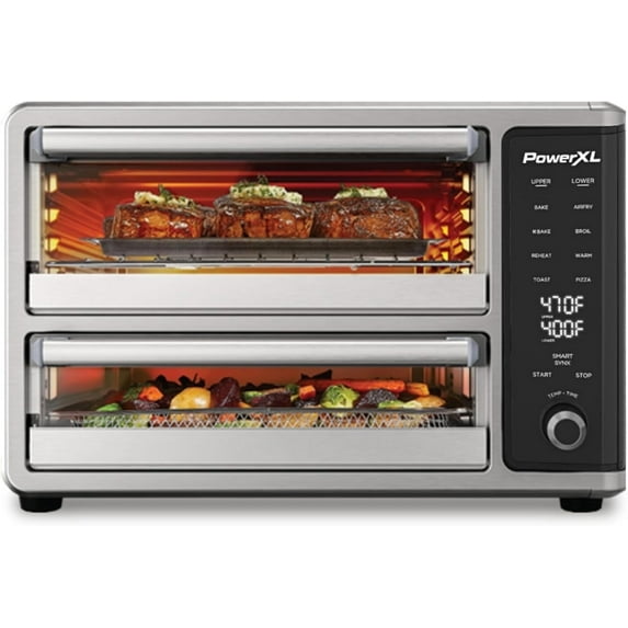 PowerXL SmartSynx Dual Door Oven, 8 Quick-Touch Cooking Presets including Air Fry, Toast, Bake, Broil, Reheat and More Cook 2 Different Foods at the Same Time, Large Capacity & Adjustable Temperature