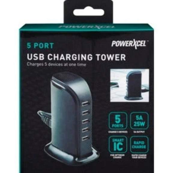 PowerXcel ITEK 5 Port USB Charging Tower, for Android and Apple, 5 USB Ports, Black (5UCT-24/0328) | Quill