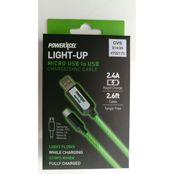 PowerXcel Light Up Micro USB to USB Charge/Sync Cable, 2.4Amp, 2.6ft