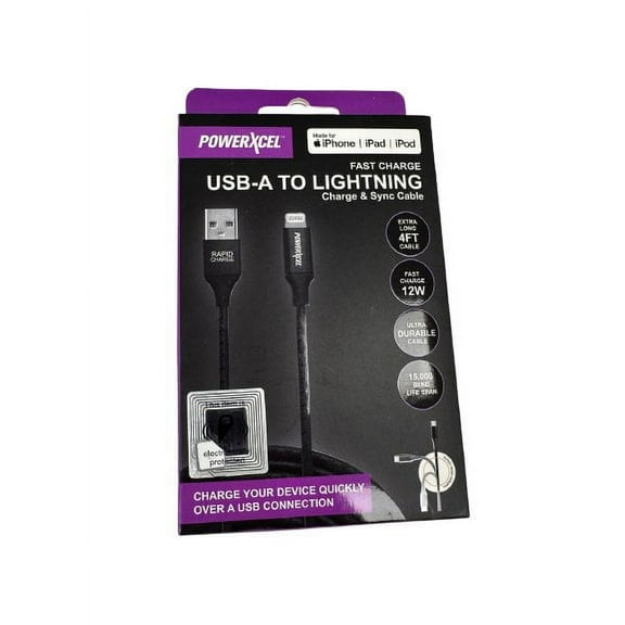 PowerXcel USB-A to Lightning Cable, Black