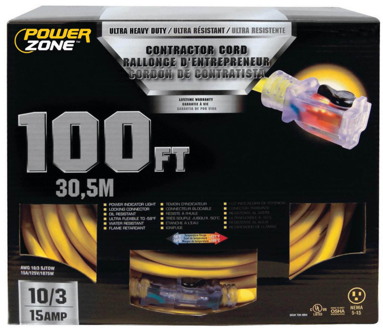 PowerZone Contractor Cord, 10 AWG Cable, 100 ft L, 15 A, 125 V, Yellow ...
