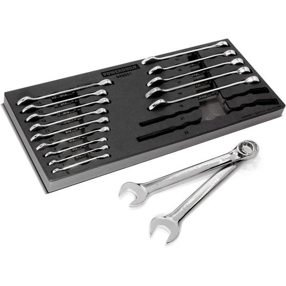 Powerbuilt 16 Piece Combination Metric Wrench Set, Box and Open End, Pro Tech Tool Series, Organization Tray - 949001