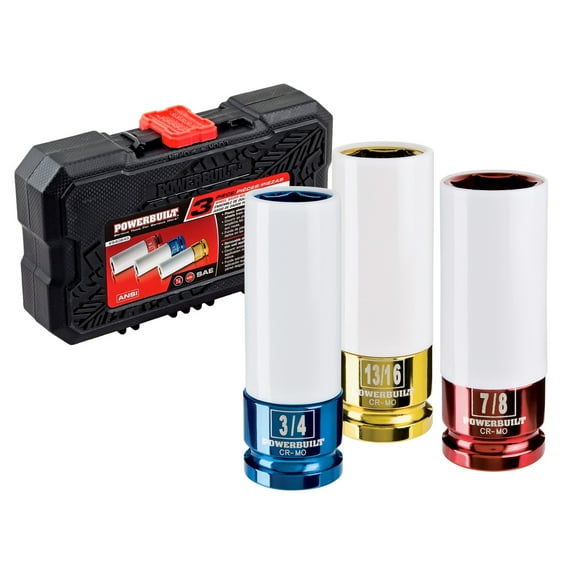 Powerbuilt 3 Piece 1/2 Inch Drive SAE 6 Point Color Wheel Socket Set - 940845
