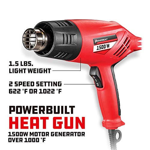 Powerbuilt Heat Gun Heavy Duty 1500W 2 Spd 622-1022F 7 Pc Nozzles Case - 240068 , Red