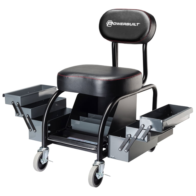 Powerbuilt Mechanic Backrest Roller Stool with Foldable Side Trays