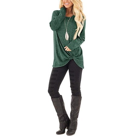 Powerdelux Long Sleeve Shirts For Women Casual Solid Twist Front Tunic Tops To Wear With Leggings
