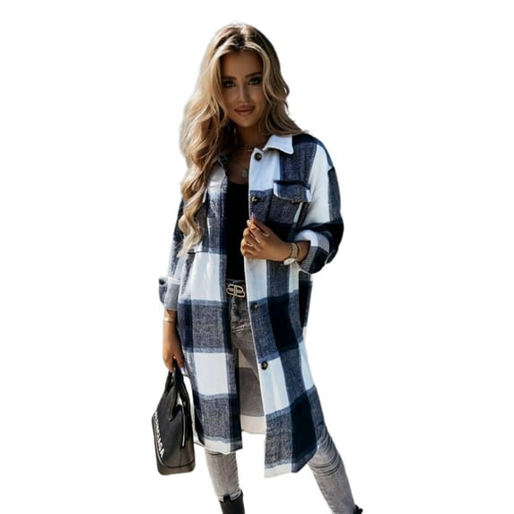 Powerdelux Women's Fall Color Block Plaid Flannel Shacket Jacket Button Down Shirt Coat Tops