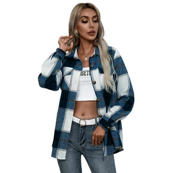 Powerdelux Women's Oversize Plaid Flannel Shirt Wool Blend Shacket Long Sleeve Button Down Jackets Coat