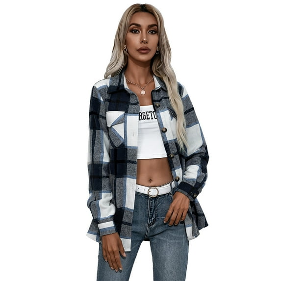 Powerdelux Women's Oversize Plaid Flannel Shirt Wool Blend Shacket Long Sleeve Button Down Jackets Coat