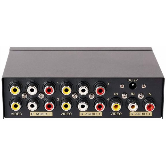 Powered 4 Way 3 Splitter Box 1 in 4 Out Composite Video Audio Distribution Duplicator with Power Adapter Compatible with Gaming Console to TV Projector Video Capture Card