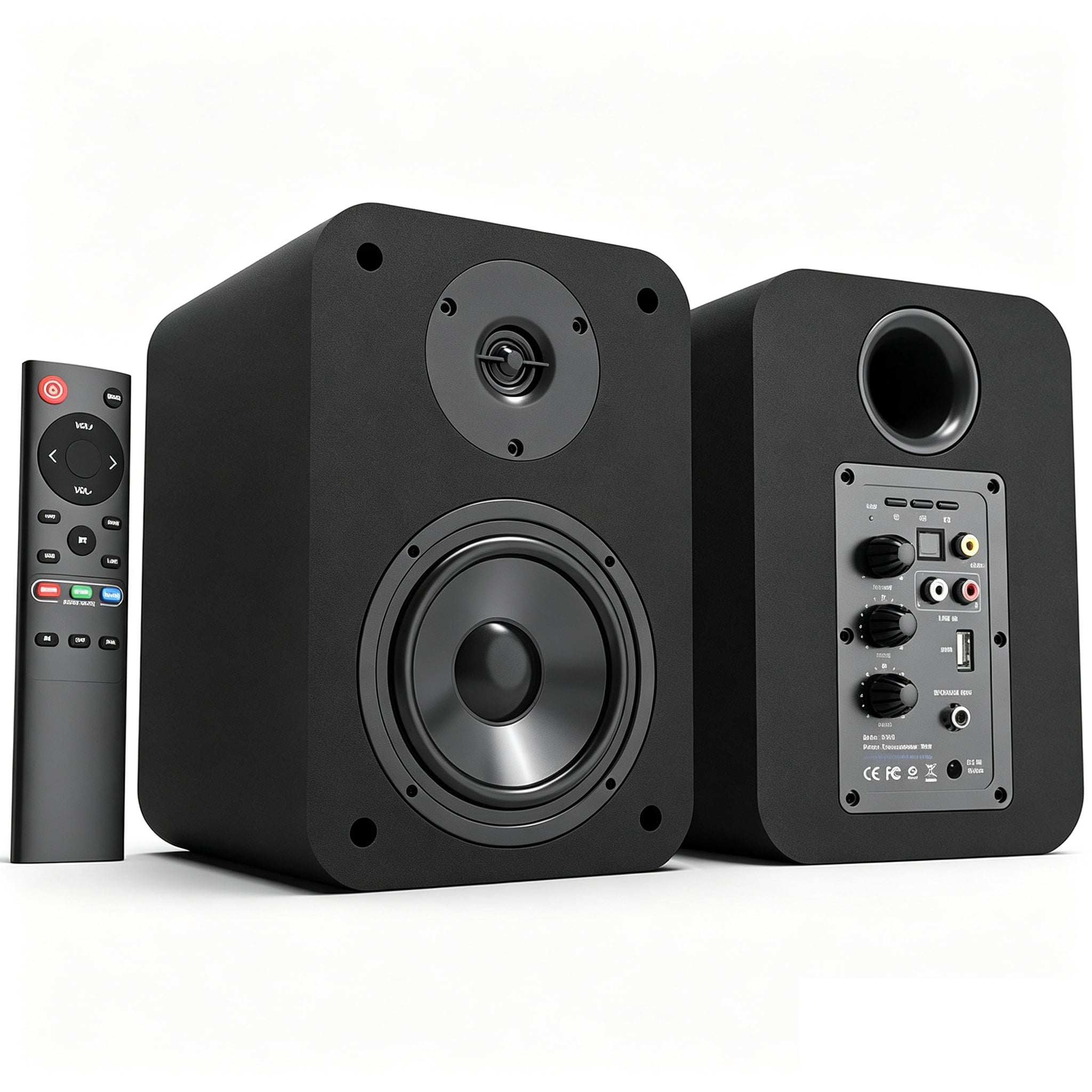 80W Active Bookshelf Speakers, Record Player Speakers with 4 Inch Woofer, Stereo Studio Monitor Speakers, Bass & Treble Adjust TV Speakers with USB/Optical/AUX Input for PC, Black