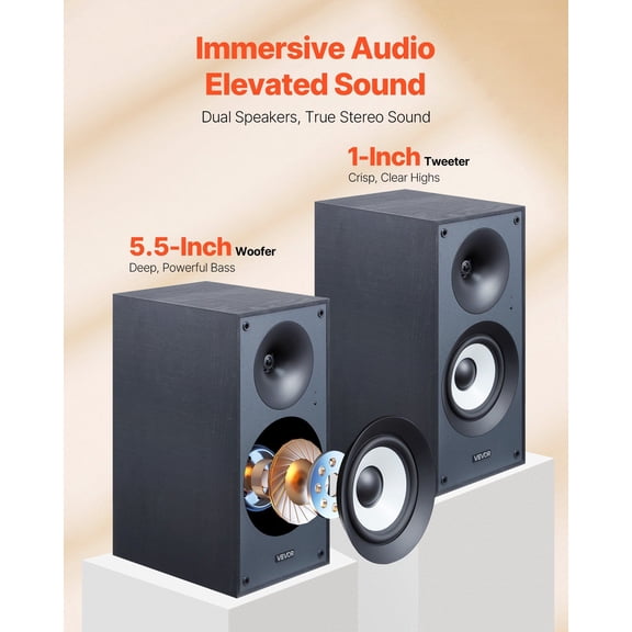 Powered Bookshelf Speakers, 25W x 2, Active Studio Monitor Speaker with 5.5 Inch Woofer, Bluetooth/RCA/Coaxial/Optical/USB/Subwoofer Connection, Woode