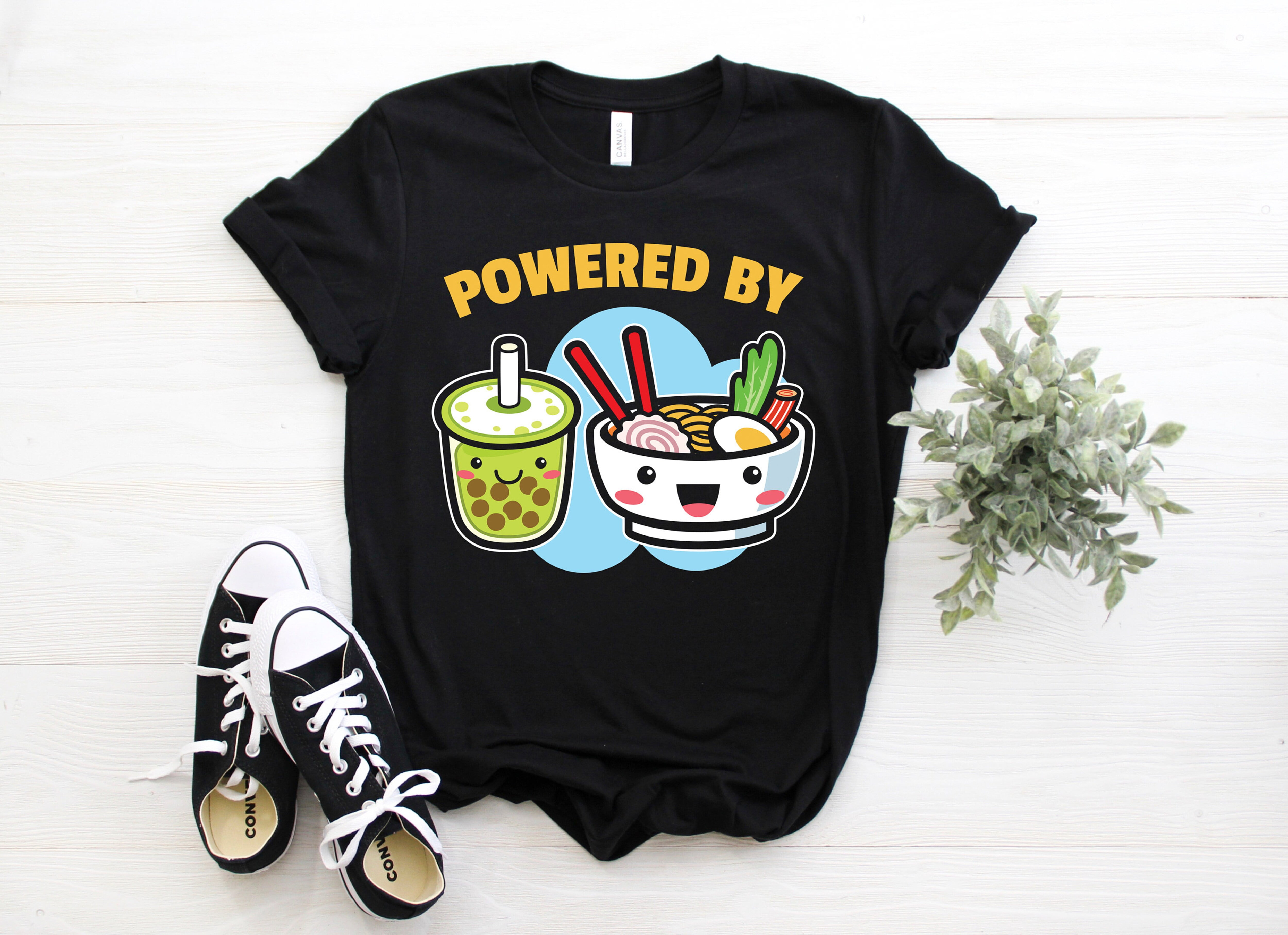 Powered By Bubble Tea Ramen Drink Lover Cute Kawaii Boba T-Shirt ...