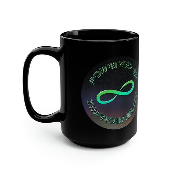 Powered By Infinite Improbability 15 fl oz Ceramic Black Mug  by JC Designs