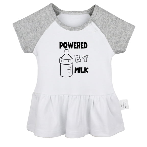 Powered By Milk Funny Dresses For Baby, Newborn Babies Skirts, Infant Princess Dress, 0-24M Kids Graphic Clothes (Gray Raglan Dresses, 0-6 Months)