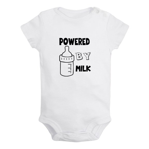 Powered By Milk Funny Rompers For Babies, Newborn Baby Unisex Bodysuits, Infant Jumpsuits, Toddler 0-12 Months Kids One-Piece Oufits (White, 6-12 Months)