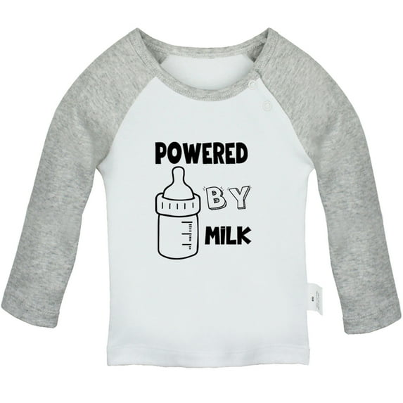Powered By Milk Funny T shirt For Baby, Newborn Babies T-shirts, Infant Tops, 0-24M Kids Graphic Tees Clothing (Long Gray Raglan T-shirt, 18-24 Months)