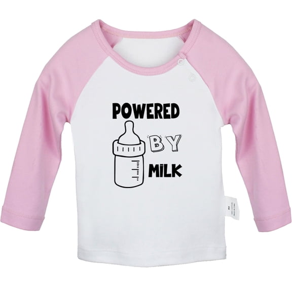 Powered By Milk Funny T shirt For Baby, Newborn Babies T-shirts, Infant Tops, 0-24M Kids Graphic Tees Clothing (Long Pink Raglan T-shirt, 18-24 Months)