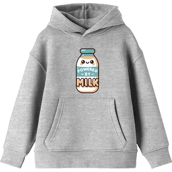 "Powered By Milk" Youth Heather Gray Long Sleeve Hoodie-Small