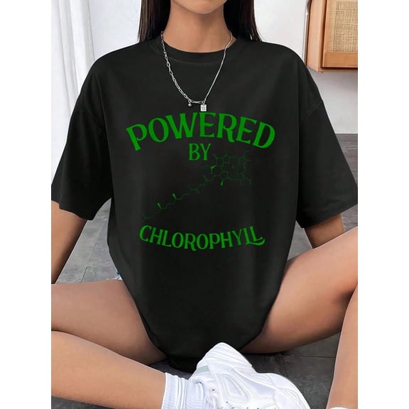 Powered By Chlorophyll Chemist Botany Botanist Chemistry T-Shirt Summer Outfits For Women 100%Cotton Graphic Tees Women Summer Tops Tops For Women Round Neck Short Sleeve Blck T Shirt