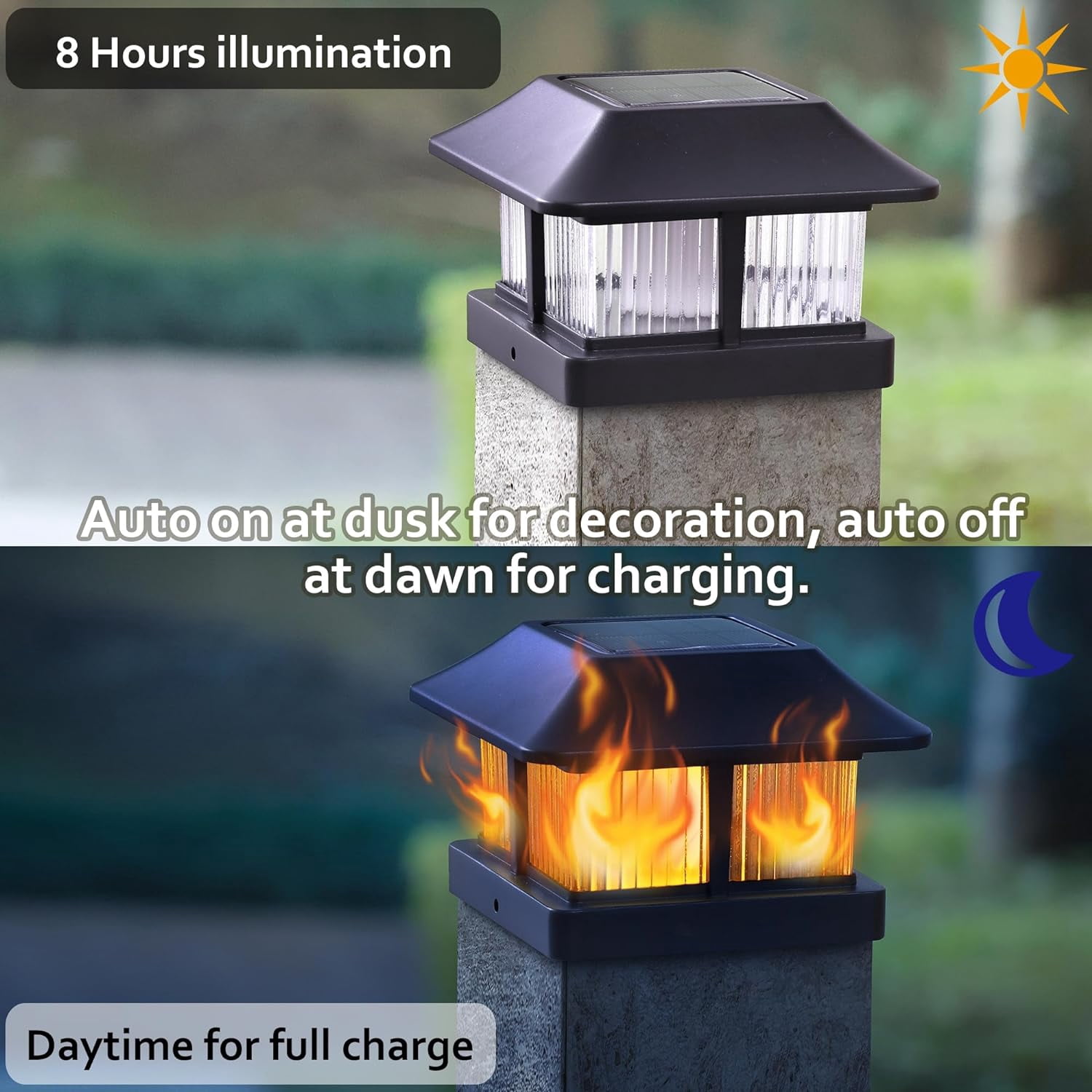 Powered Flickering Flame Post Cap Lights, 8 Pack Outdoor Garden Deck  Light, Waterproof for 4x4 5x5 6x6 Posts