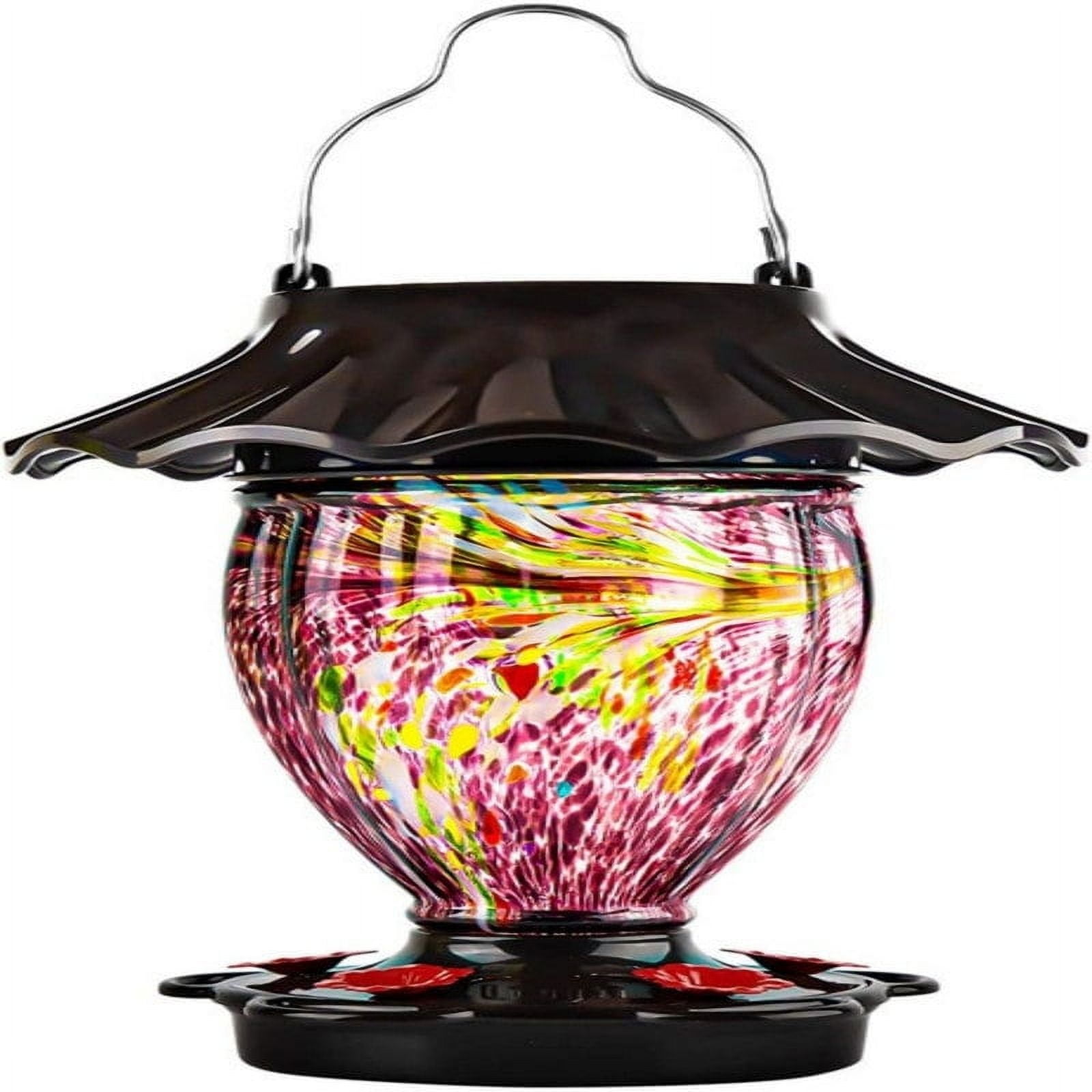 Solar Powered Hand Blown Glass Hummingbird Feeder with Metal Base