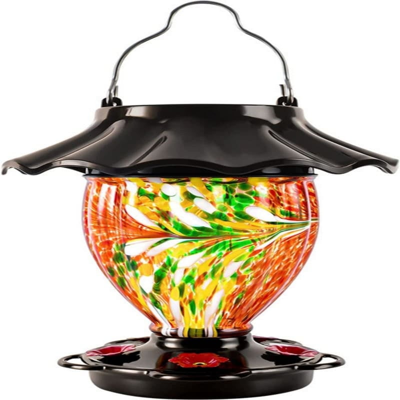 Hand Blown Glass Solar Powered Hanging Hummingbird Feeder