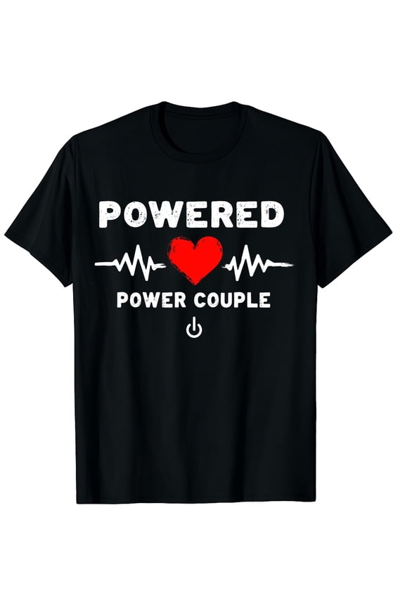 Powered Power Couple Heartbeat EKG Graphic T-Shirt Romantic Matching Anniversary Gift for Men and Women Tech Inspired Heart Design Short Sleeve Cotton Tee