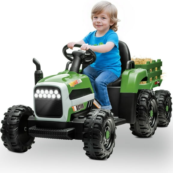 Powered Ride on Toy Tractor, 24V Kids Ride on Car with Remote Control, Electric Vehicles for Kids Toddlers 3-6 Years with 3 Speeds, Bluetooth, Music Player, LED Light, Rear Wheel Suspension, Emerald