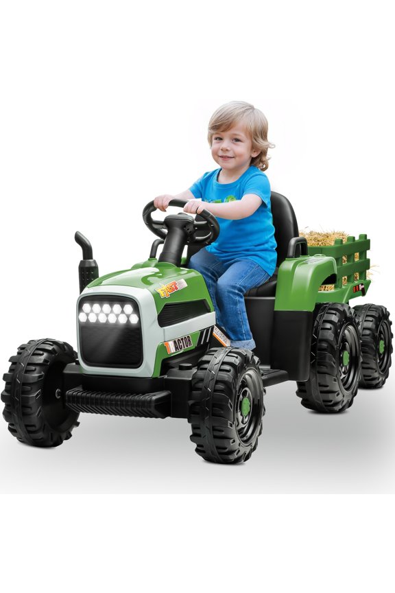 Powered Ride on Toy Tractor, 24V Kids Ride on Car with Remote Control, Electric Vehicles for Kids Toddlers 3-6 Years with 3 Speeds, Bluetooth, Music Player, LED Light, Rear Wheel Suspension, Emerald