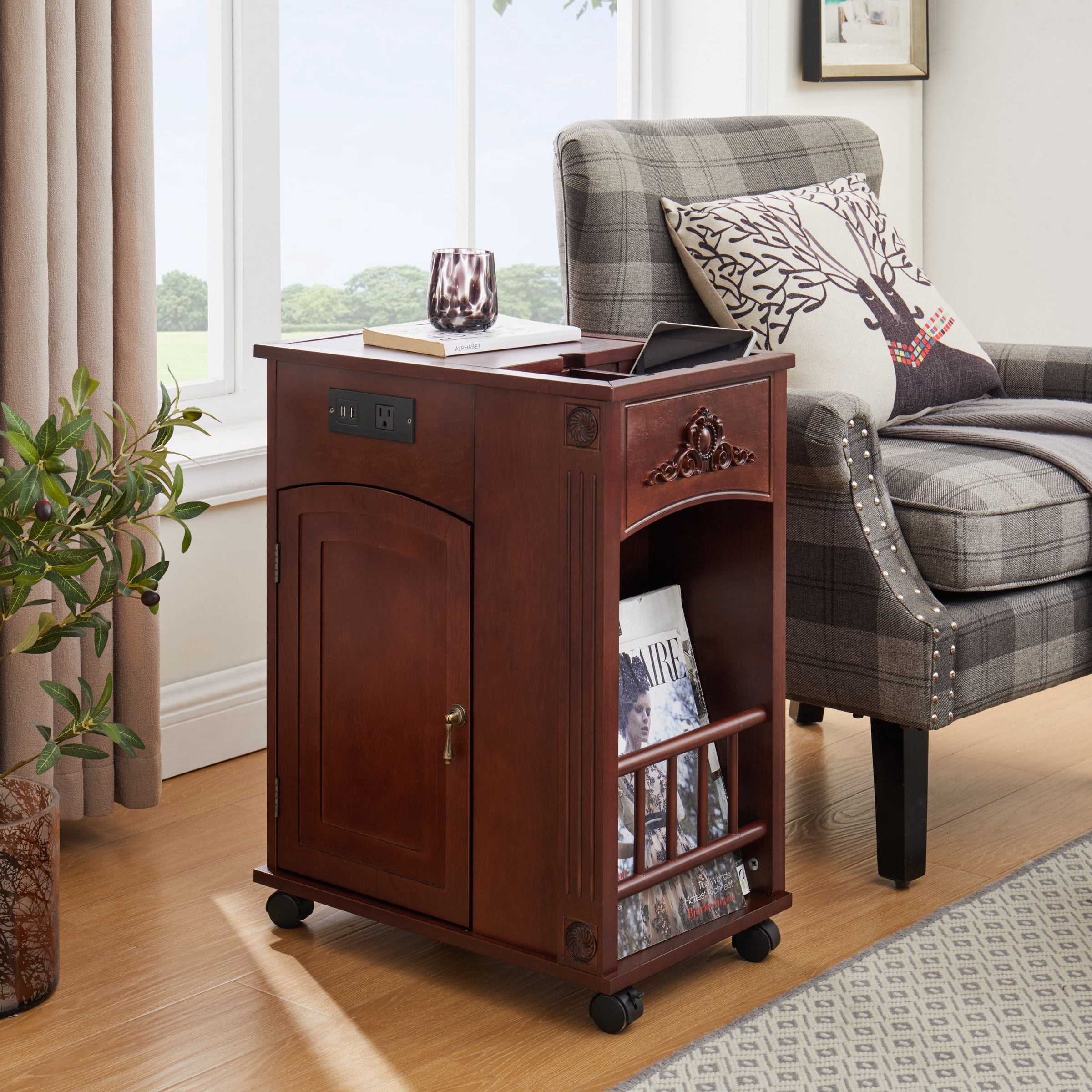 Powered Traditional End Table with Charging Station, Narrow Side Table with USB Ports and Outlets, Nightstand with Storage, Bedside Tables with Wheels for Living Room, Bedroom