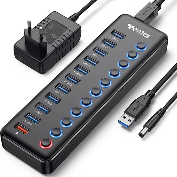 Powered USB , 11-Port USB Splitter (10 Faster Data Transfer Ports+ 1 Smart Charging Port) with Individual LED On/Off Switches, USB 3.0 Powered with Power Adapter for Mac, PC