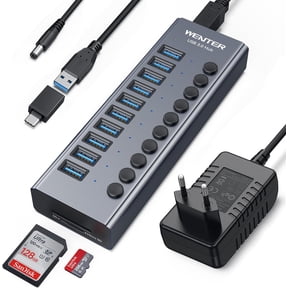 Powered USB 3.0 Hub, 10 Ports 36W Powered USB Hub, Aluminum USB Splitter with Individual On/Off Switches, SD/TF Card Readers and 12V/3A Power Adapter for PC/Laptops/MacBook Pro/Air/iMac/iPad