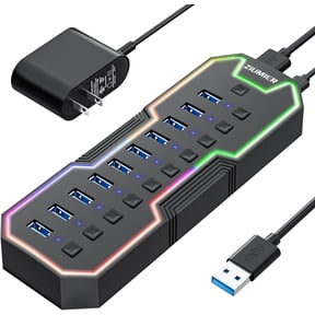 Powered USB 3.0 Hub, 10 Ports USB Hub and 12V/2A Power Adapter USB Extension, Individual On/Off Switches for Mac, PC, Desktop, Flash Drive, Mobile HDD