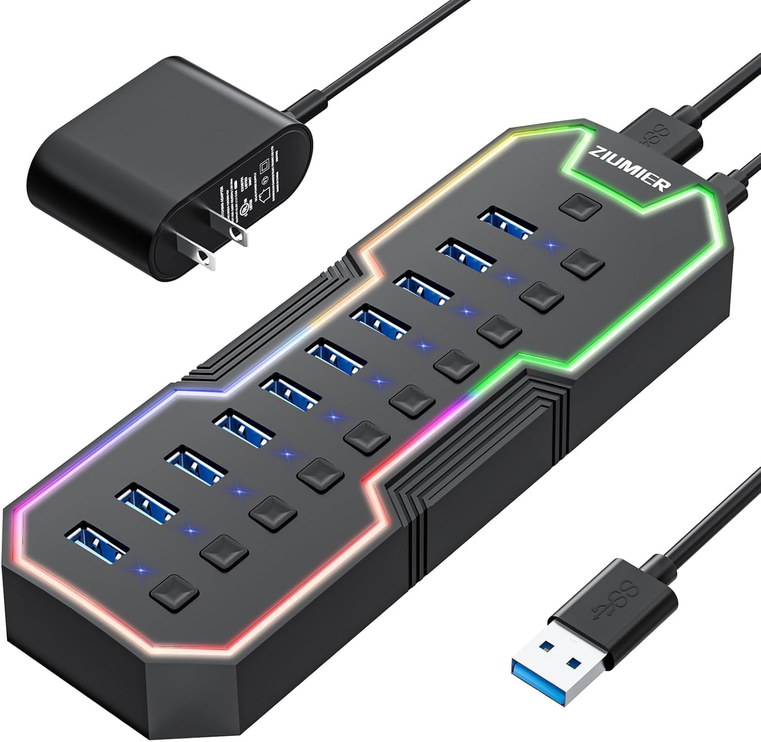 Powered USB 3.0 Hub, 10 Ports USB Hub with RGB LED Strip and 12V/2A Power Adapter USB Extension, Individual LED On/Off Switches for Mac, PC, Desktop, Flash Drive, Mobile HDD