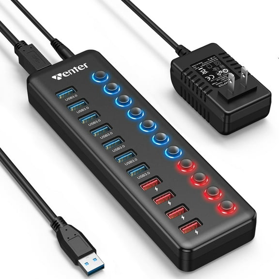 Powered USB 3.0 Hub, 11-Port Hub Splitter (7 Faster Data Transfer Ports+ 4 Smart Charging Ports) with Individual LED On/Off Switches, Power Adapter for Mac, PC