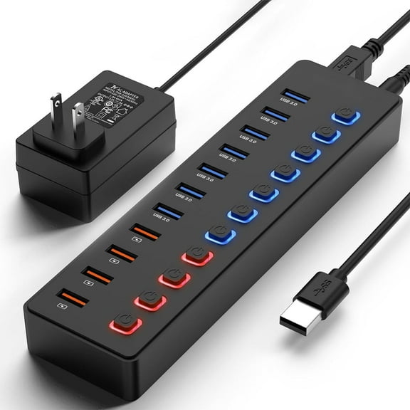 Powered USB 3.0 Hub, 11-Port Hub Splitter (7 Faster Data Transfer Ports+ 4 Smart Charging Ports) with Individual LED On/Off es, Power Adapter for Mac, PC