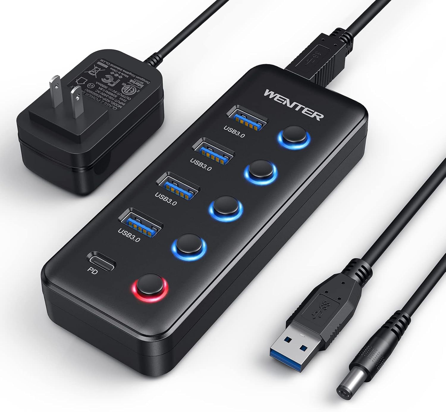 Powered USB 3.0 Hub, 5-Port USB Hub Splitter (4 Faster Data Transfer Ports+ 1 Type-C Charging Ports) with Individual LED On/Off Switches, USB Hub 3.0 Powered with Power Adapter for Mac, PC