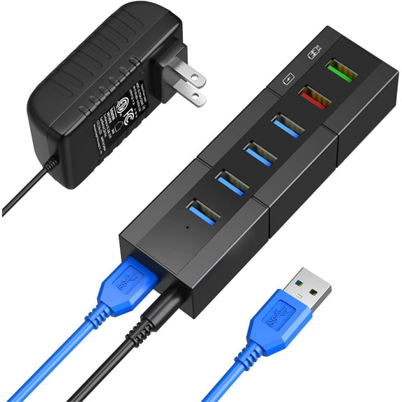 Powered USB 3.0 Hub, 6 Ports High Speed Hub Splitter with 24W Power Adapter, 3.3ft Cable and Smart Fast Charger for Laptop, PC, Mac, Mobile HDD, Mulitple Devices (Black)