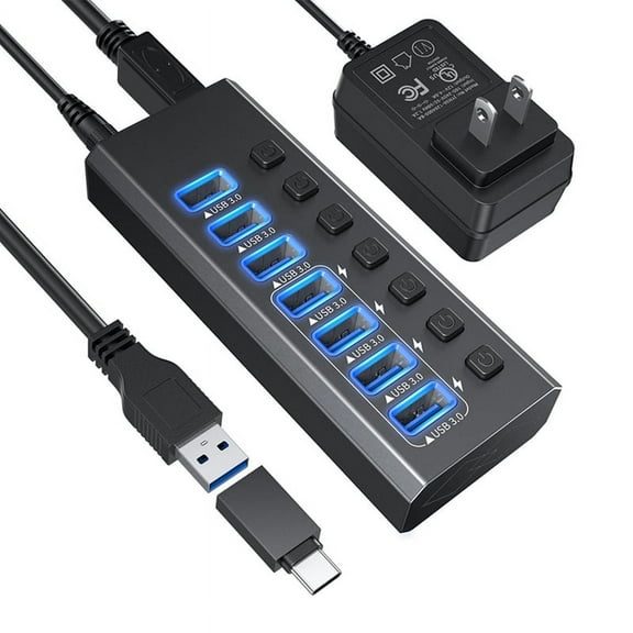 Powered USB 3.0 Hub ,7 Port USB Hub,USB Extension Data Splitter & Power Hub,For Laptop and Printer US Plug