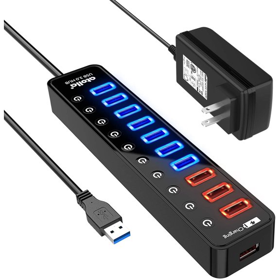 Powered USB 3.0 Hub, Data Hub 11 Ports - 7 + 4 Smart Charging Port with Individual On/Off es and 12V/4A Power Adapter Splitter