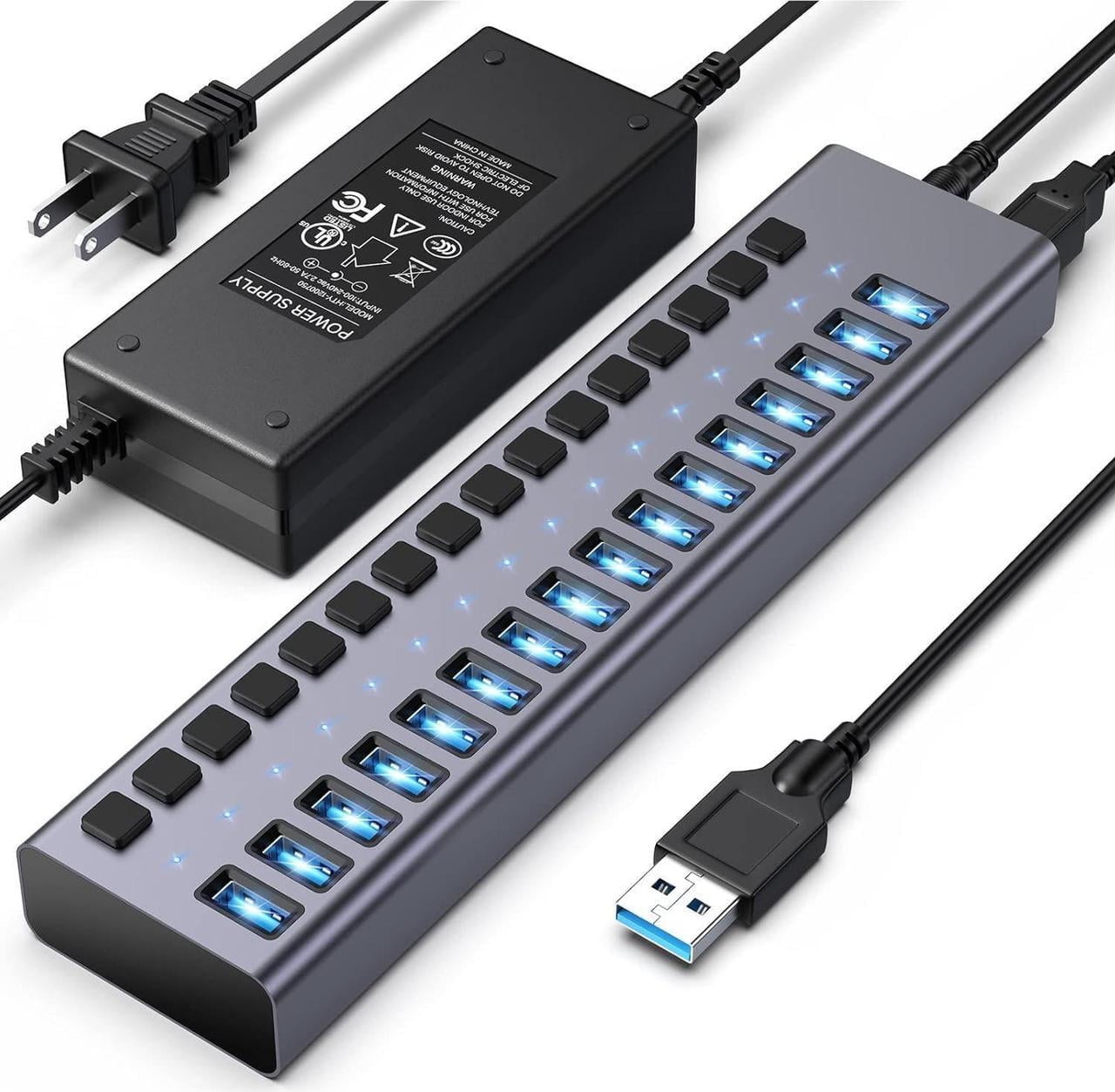 Powered USB 3.1 Hub, 16 Ports USB 3.1 Hub with 10Gbps Data Speed,Aluminum Housing, USB Hub Powered with 90W Power Adapter, USB Hub for PC/Laptop, Computer, Flash Drive, Printer, Camera