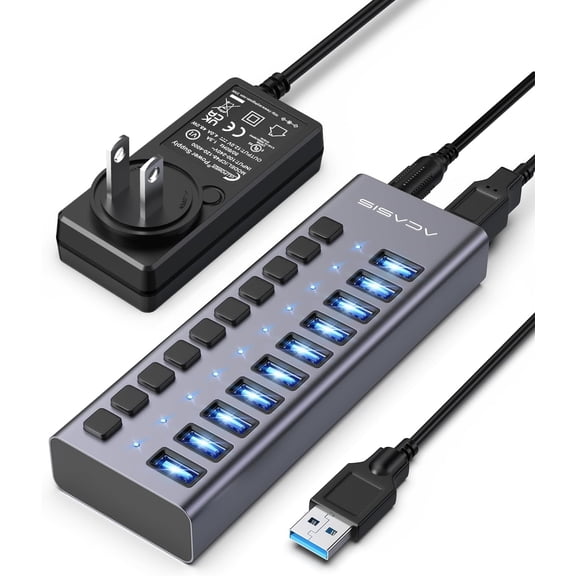 Powered USB 3.2 Hub, 10 Ports Hub with 10Gbps Data Speed, Aluminum Housing, 48W Power Adapter, for PC/Laptop, Computer, Flash Drive, Printer, Camera