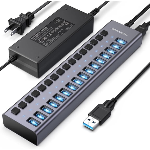 Powered USB 3.2 Hub, 16 Ports USB 3.2 Hub with 10Gbps Data SpeedAluminum Housing, USB Hub Powered with 96W Power Adapter, USB Hub for PC/Laptop, Computer, Flash Drive, Printer, Camera