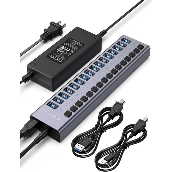 Powered USB 3.2 Hub, 16 Ports USB 3.2 Hub with 10Gbps Data SpeedAluminum Housing, USB Hub Powered with 96W Power Adapter, USB Hub for PC/Laptop, Computer, Flash Drive, Printer, Camera