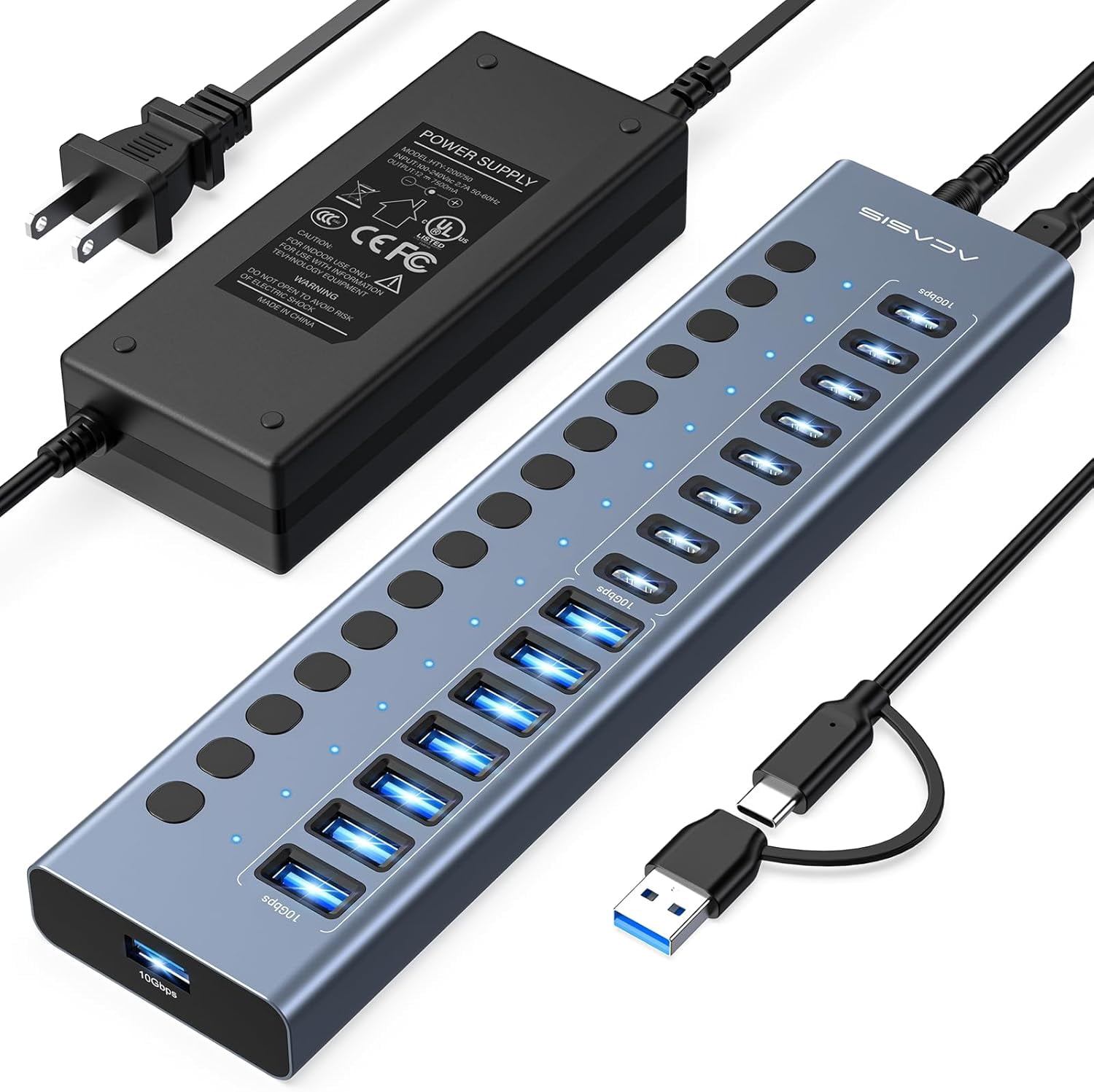 Powered USB 3.2 Hub, 16 Ports USB 3.2 Hub(8 USB-A 3.2 Ports+8 USB-C 3.2 Ports), Aluminum USB Hub Powered with 96W Power Adapter, USB Hub for PC/Laptop, Computer, Flash Drive, Printer, Camera