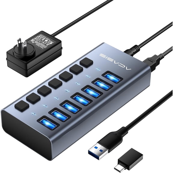 ACASIS 7 Ports USB 3.2 Hub with 10Gbps Data Speed, Aluminum Housing, USB Hub Powered with 24W Power Adapter, USB Hub for PC/Laptop, Computer, Flash Drive, Printer, Camera
