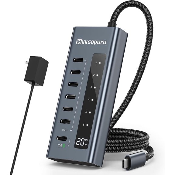 Powered USB C Hub, 7 in 1 USB-C Hub Support 10Gbps Data & 20W Charging, USBC Hub Powered Multiport Adapter for MacBook Pro/Air, iMac,iPad, Phone, Surface, Dell, etc.(Not Support Video)